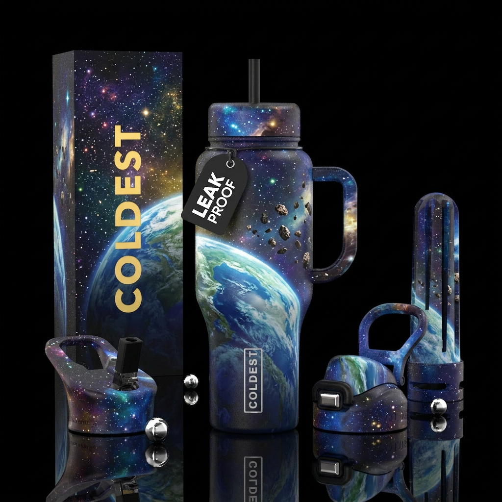 Earth from space water bottle design