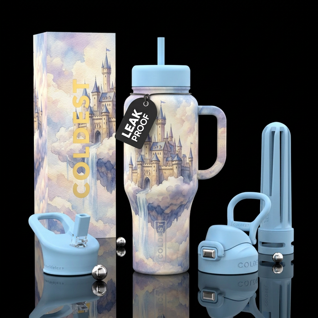 medieval castle in the clouds water bottle design