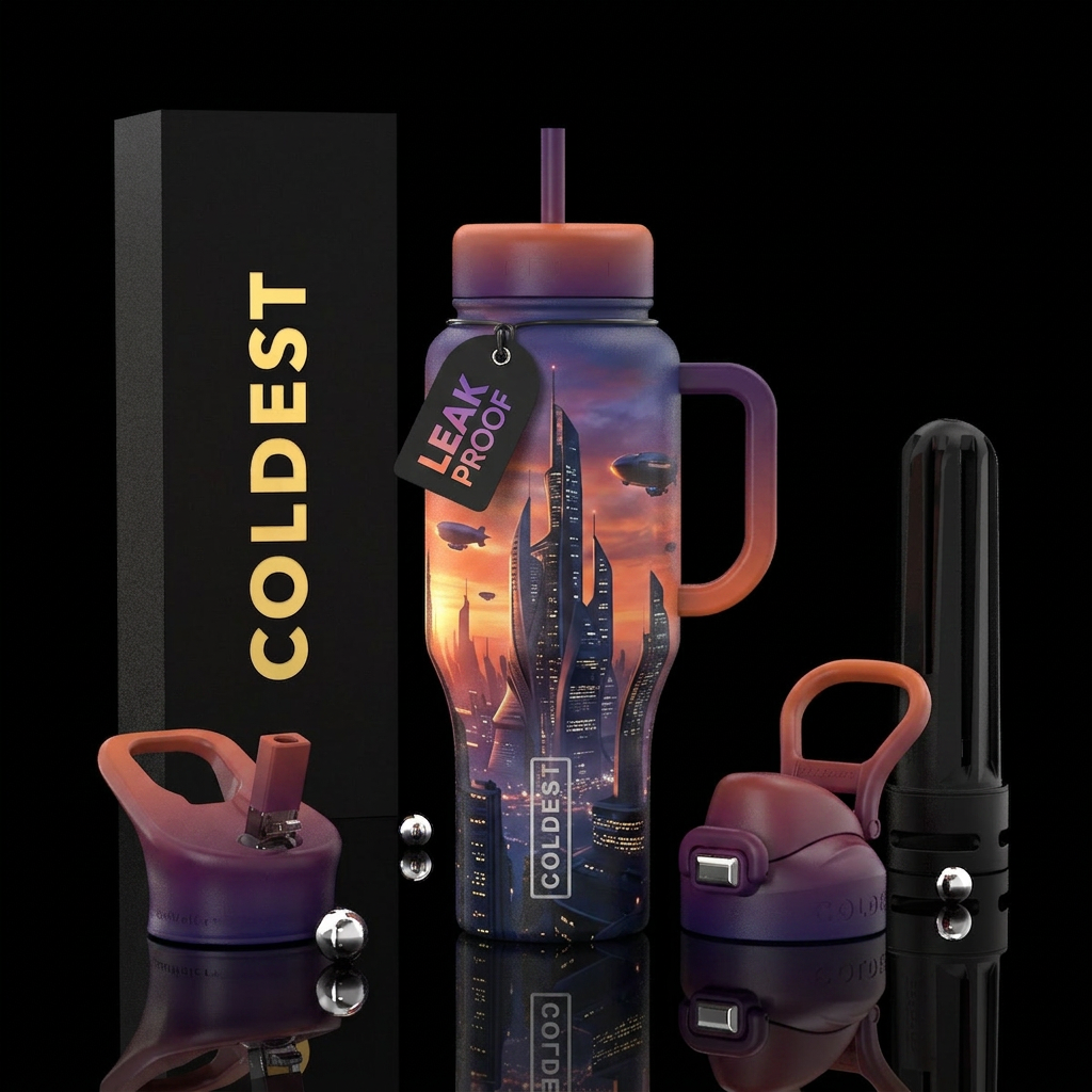 A futuristic city skyline at sunset water bottle design