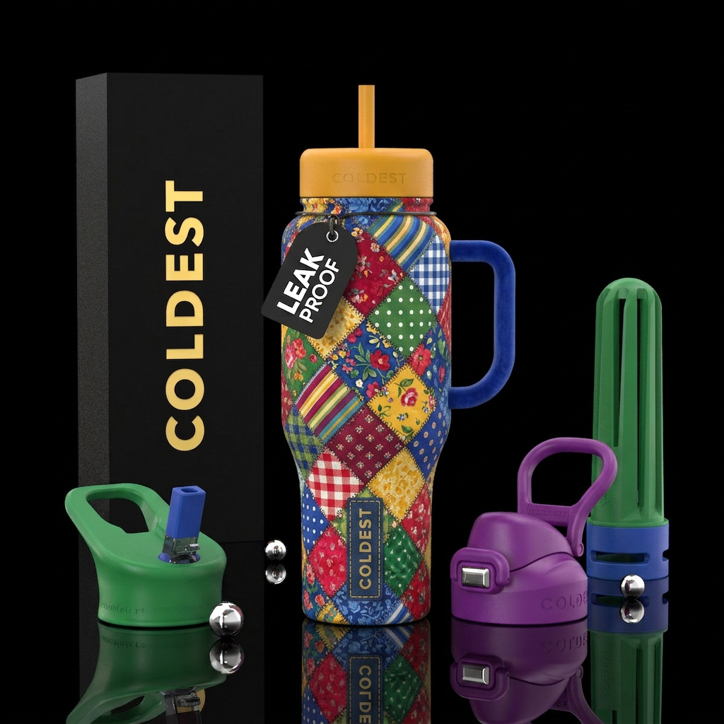 Patchwork quilt water bottle design