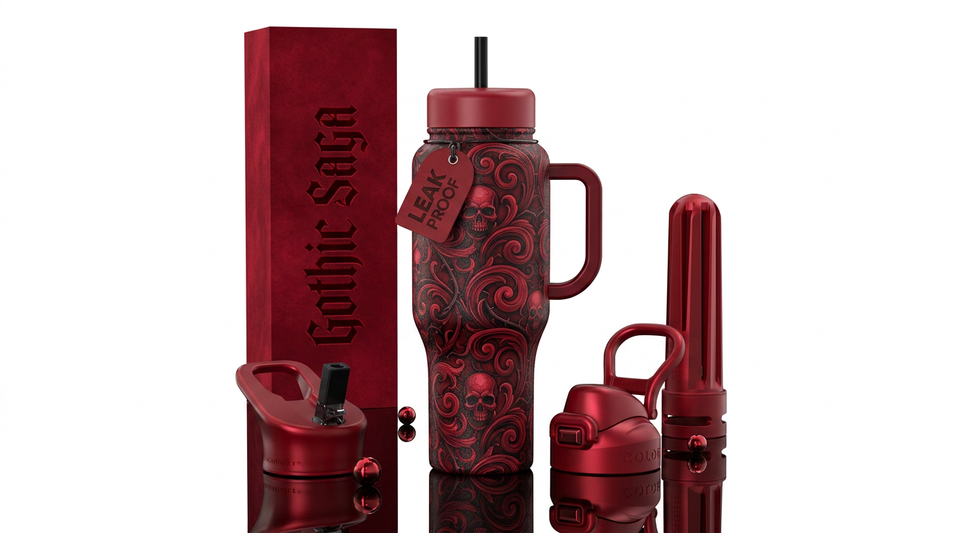Gothic swirl red and black water bottle design