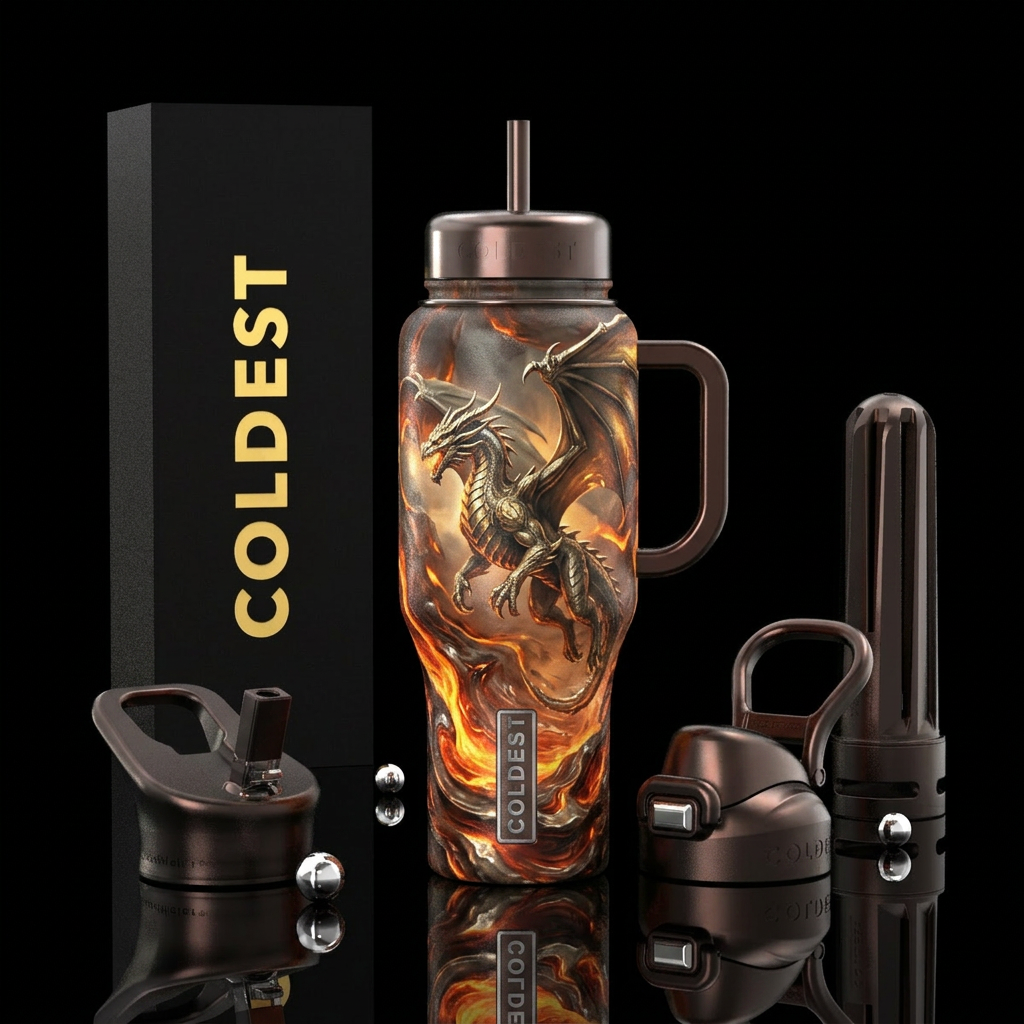 Metallic dragon in flight molten steel all around water bottle design