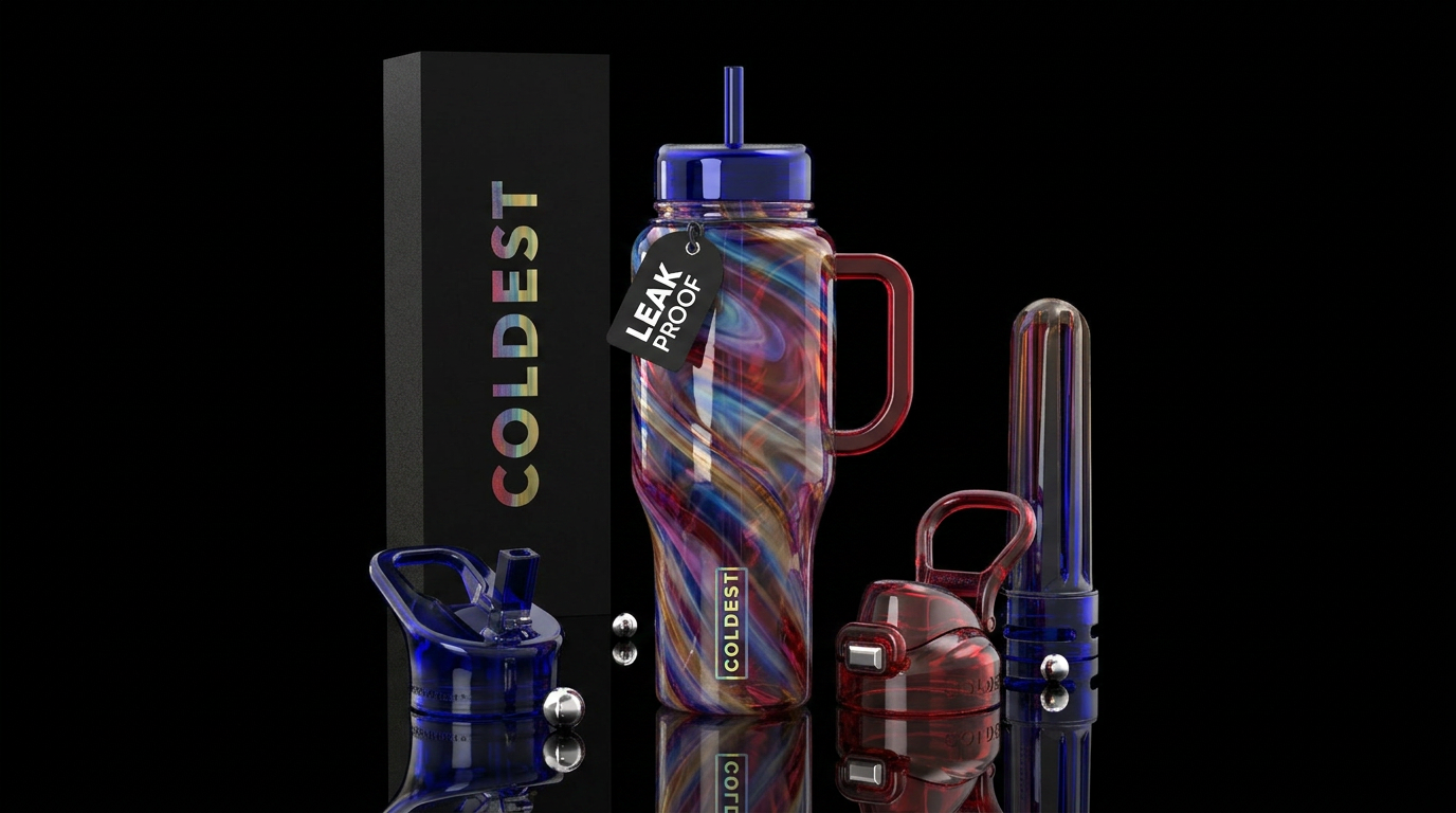 Colorful blown glass swirl water bottle design