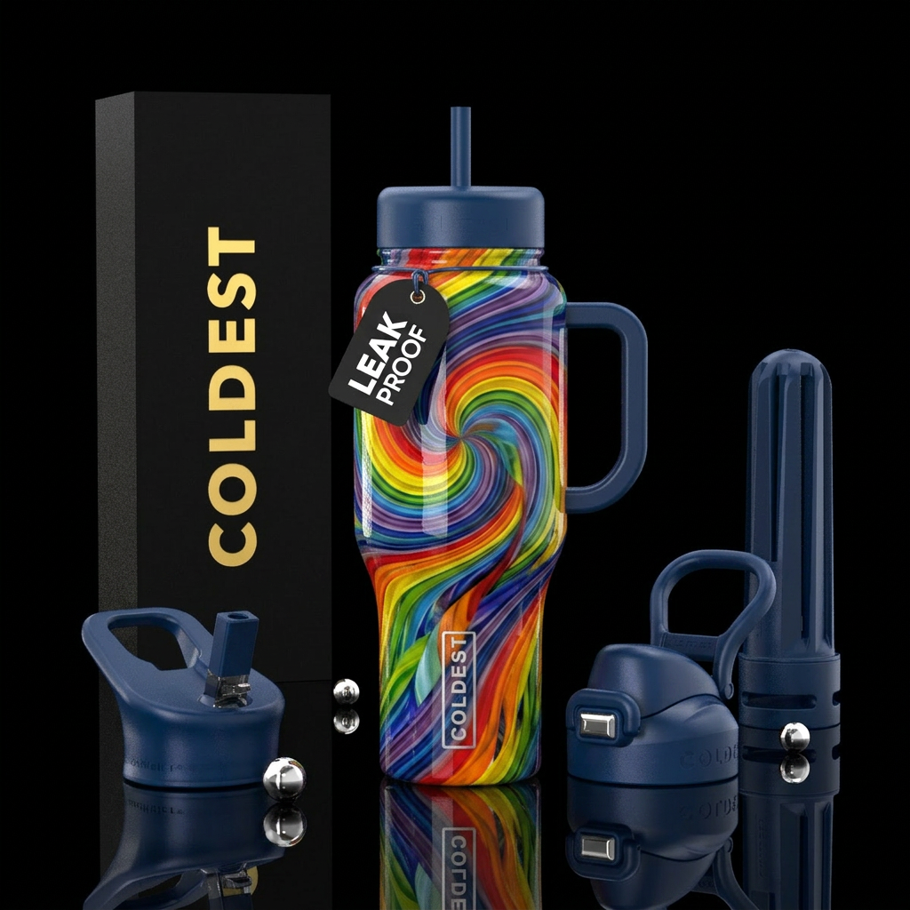 Rainbow blown glass pinwheel swirl water bottle design