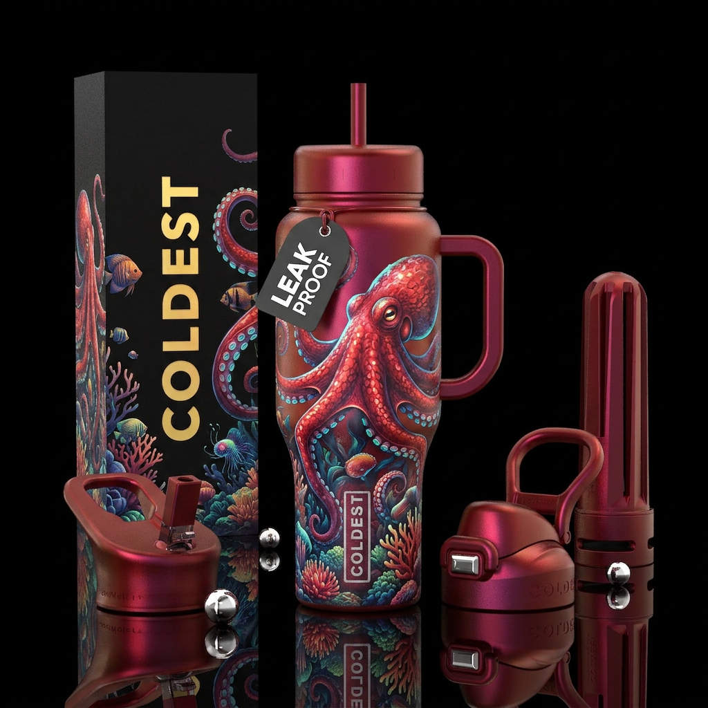 Wondrous under sea life with iridescent red octopu... water bottle design