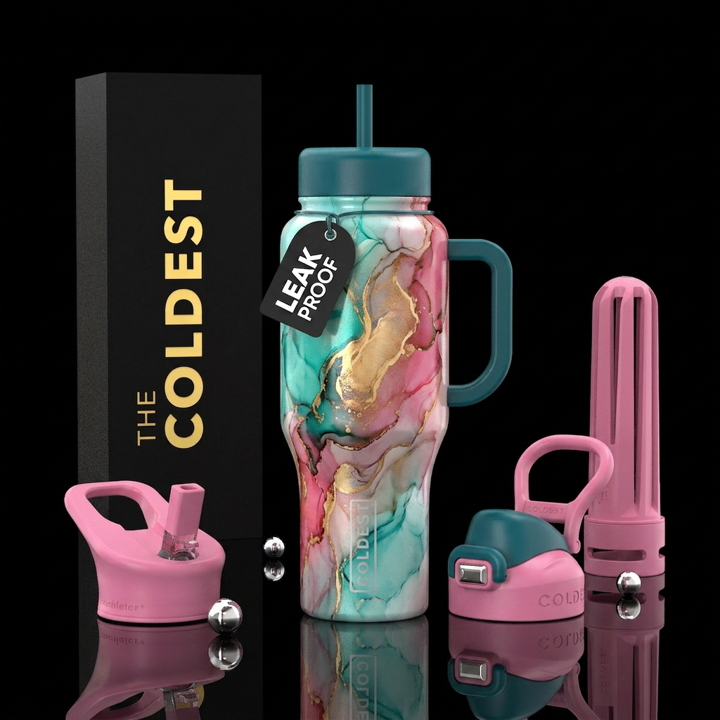 Teal pink gold white alcohol ink paint pour water bottle design