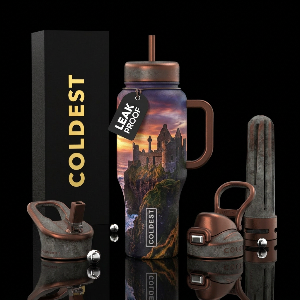 Celtic castle ruins cliff top sunset water bottle design