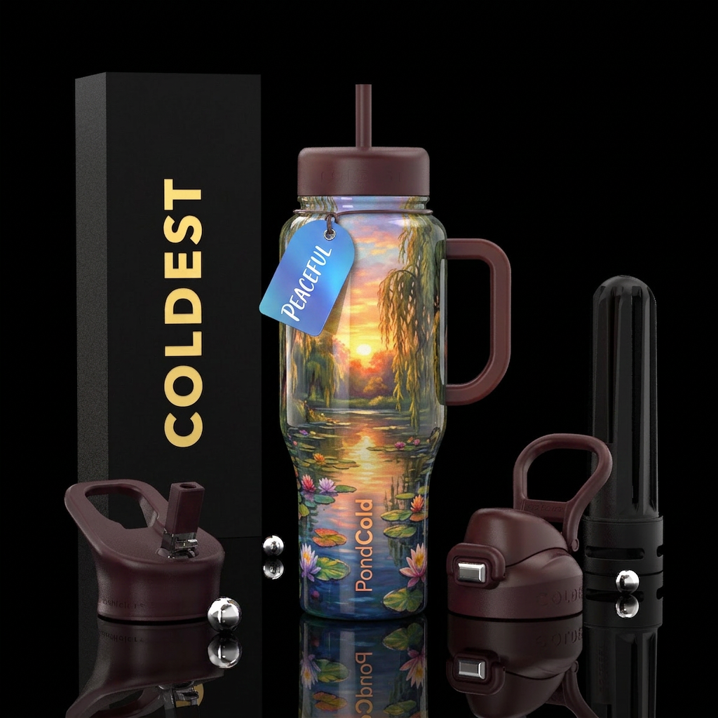 Peaceful pond. Weeping willow. Sunset sky. water bottle design