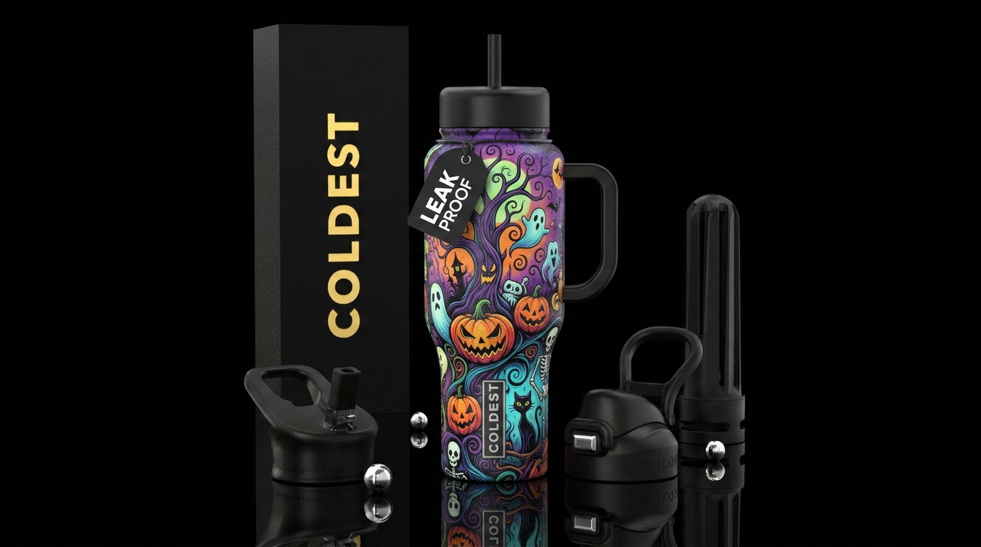 Tim Burton style halloween characters water bottle design