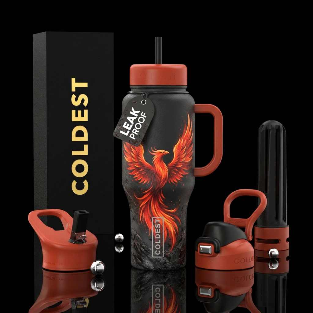 Red orange phoenix rising from the dark ashes water bottle design