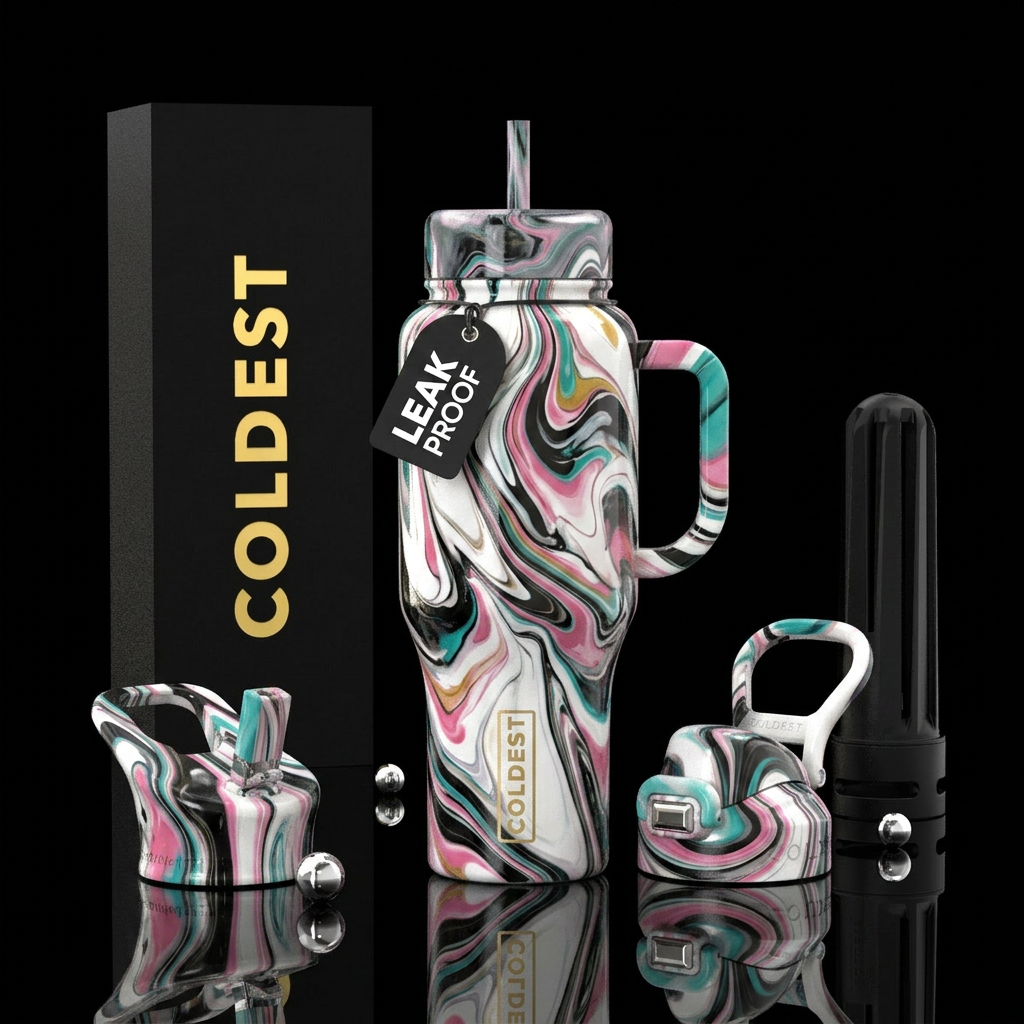 Paint pour white black pink teal water bottle design