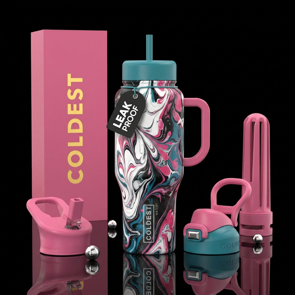 Paint pour white black pink teal water bottle design