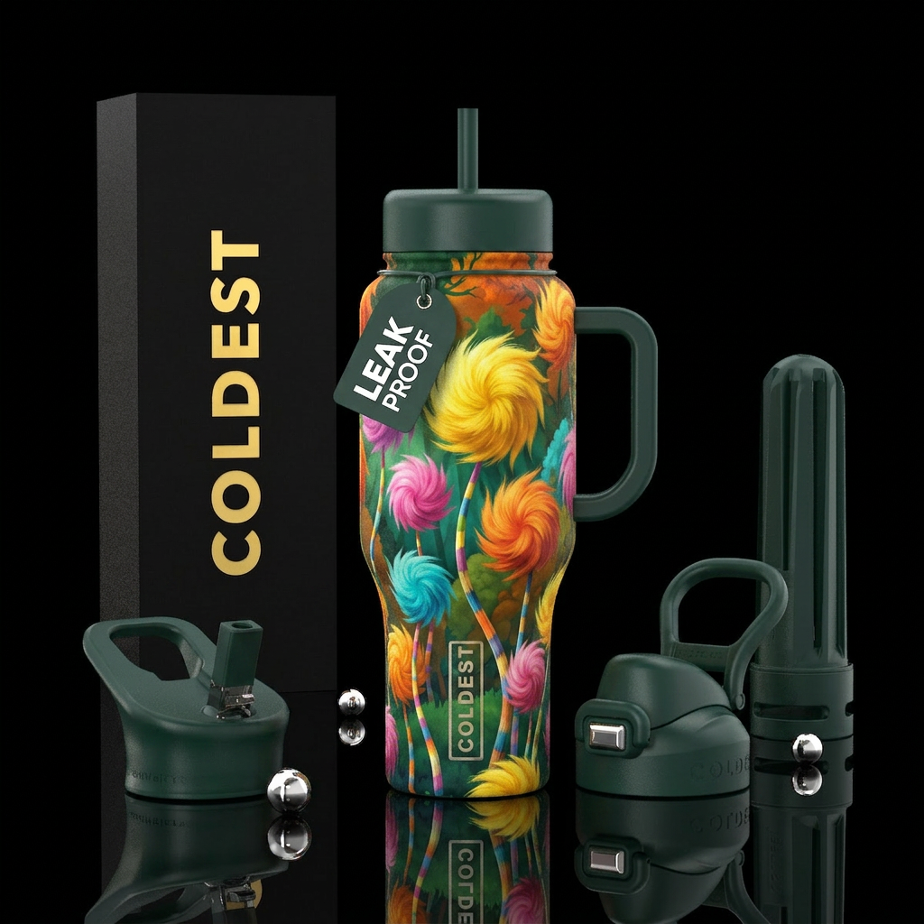 Lorax trees complementing color background amd han... water bottle design