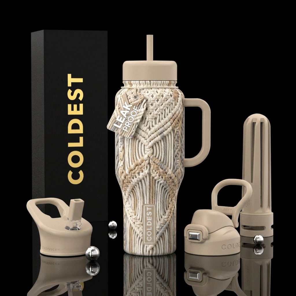 Macrame art neutral colors water bottle design