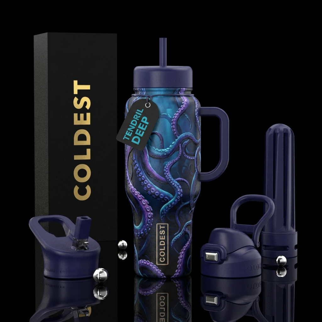 Purple and blue tentacles on deep sea background water bottle design