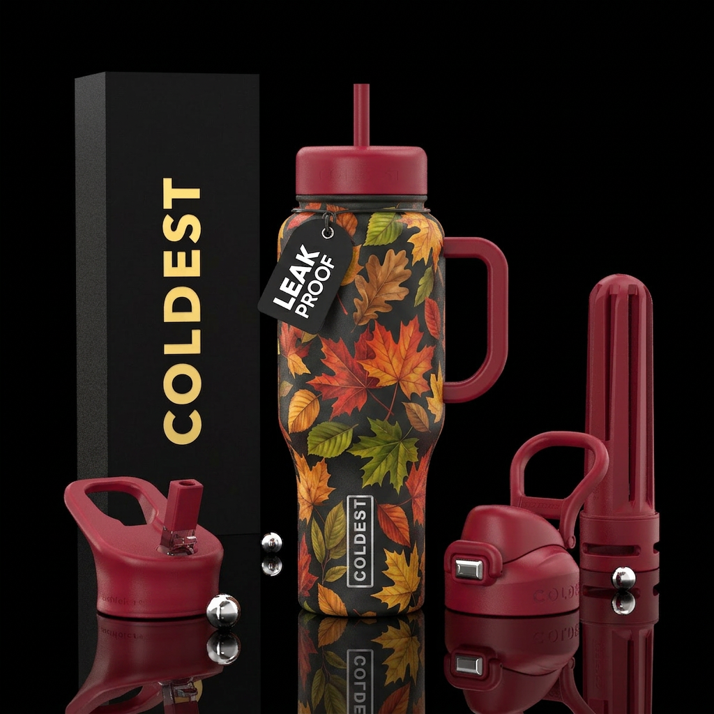 Swirling autumn leaves yellow red brown green water bottle design