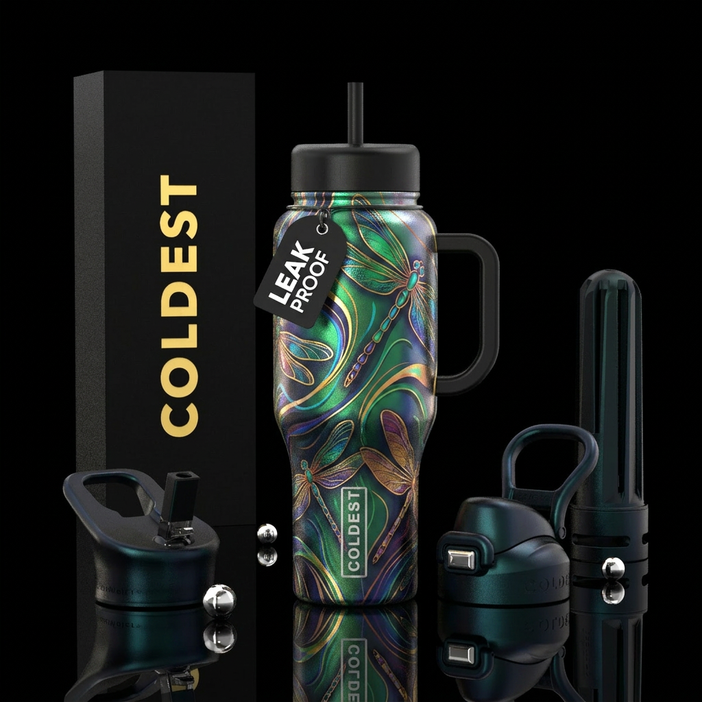 Abstract dragonfly on neutral metallic background water bottle design