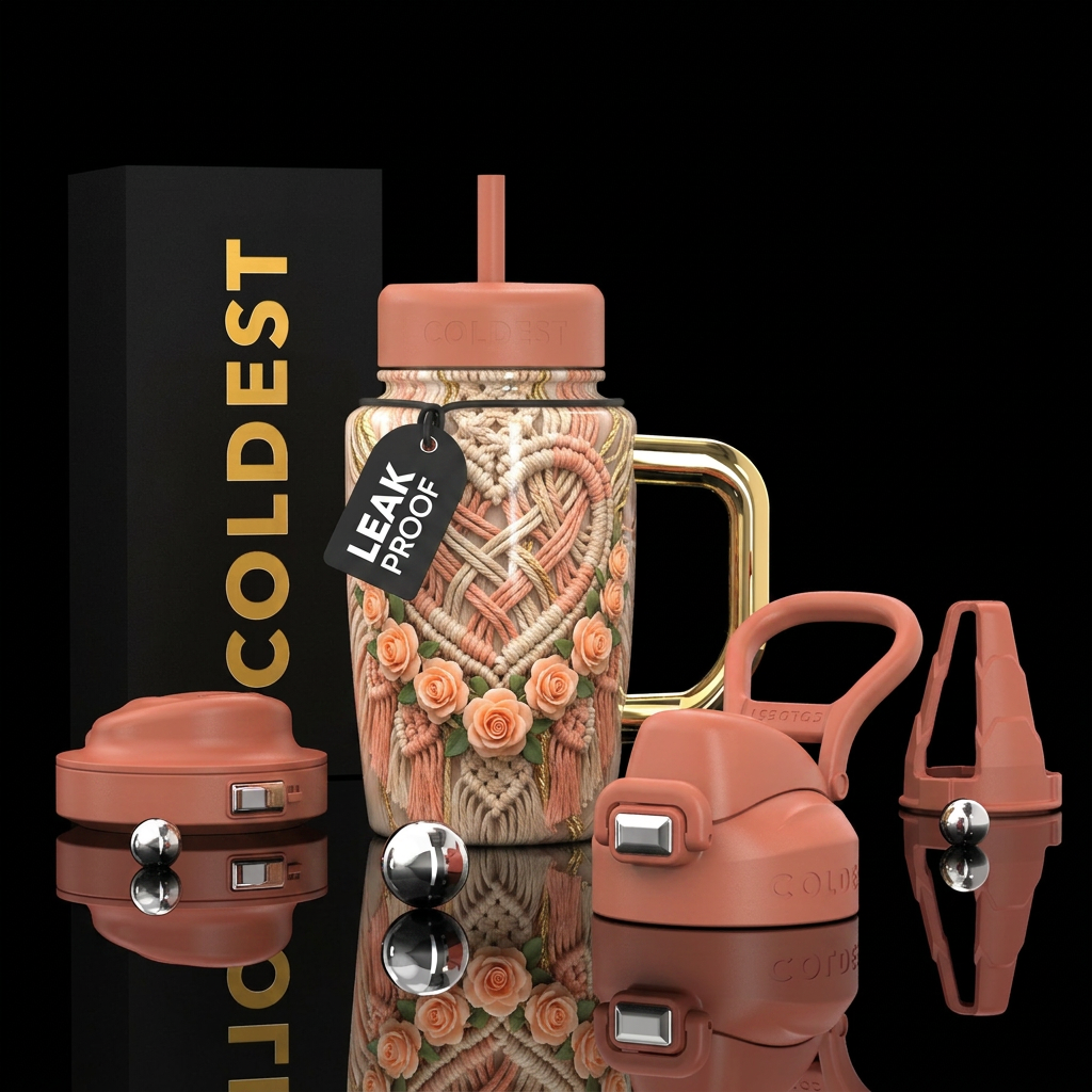 Macrame heart with peach roses water bottle design