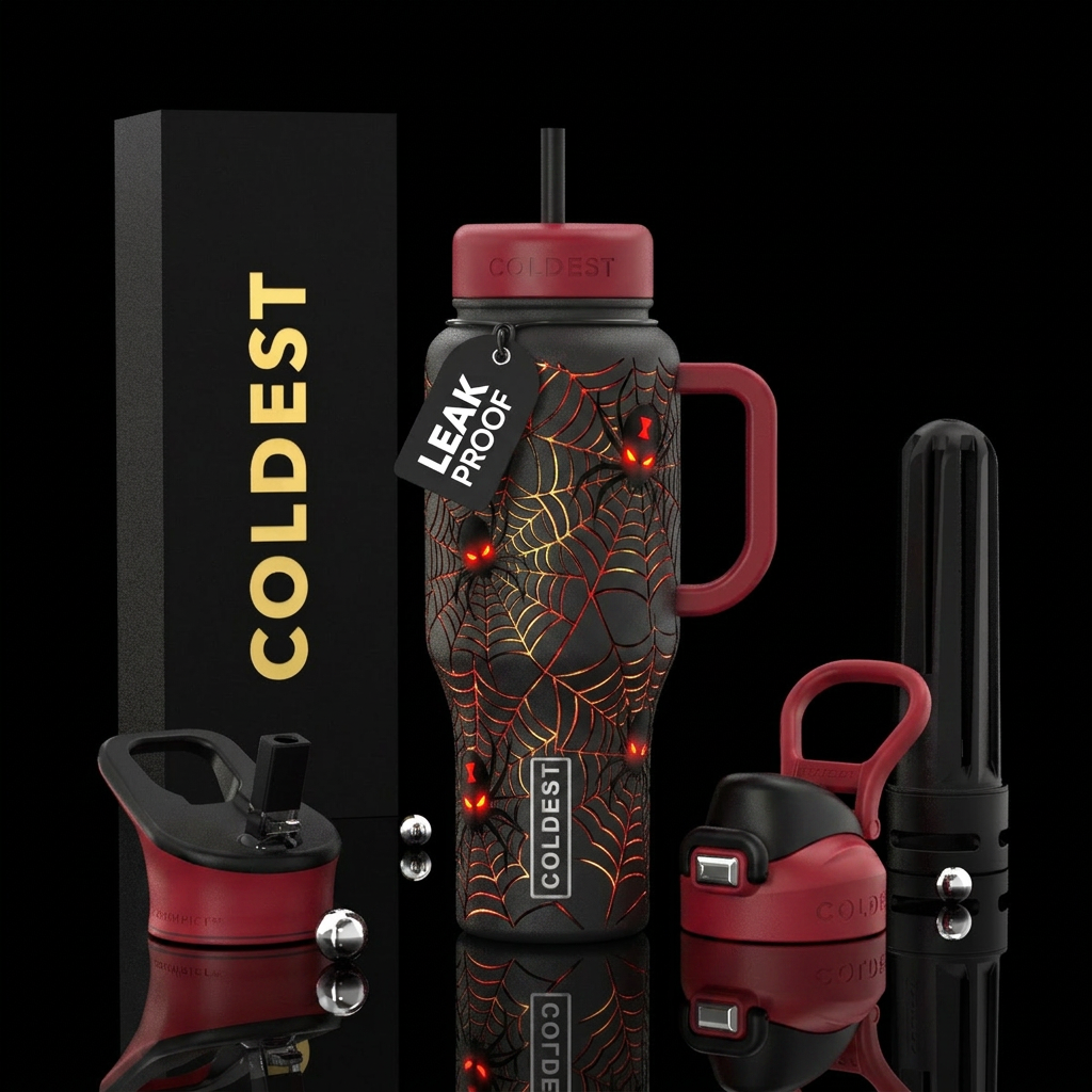 Black widow spider web spooky danger glow eyes water bottle design