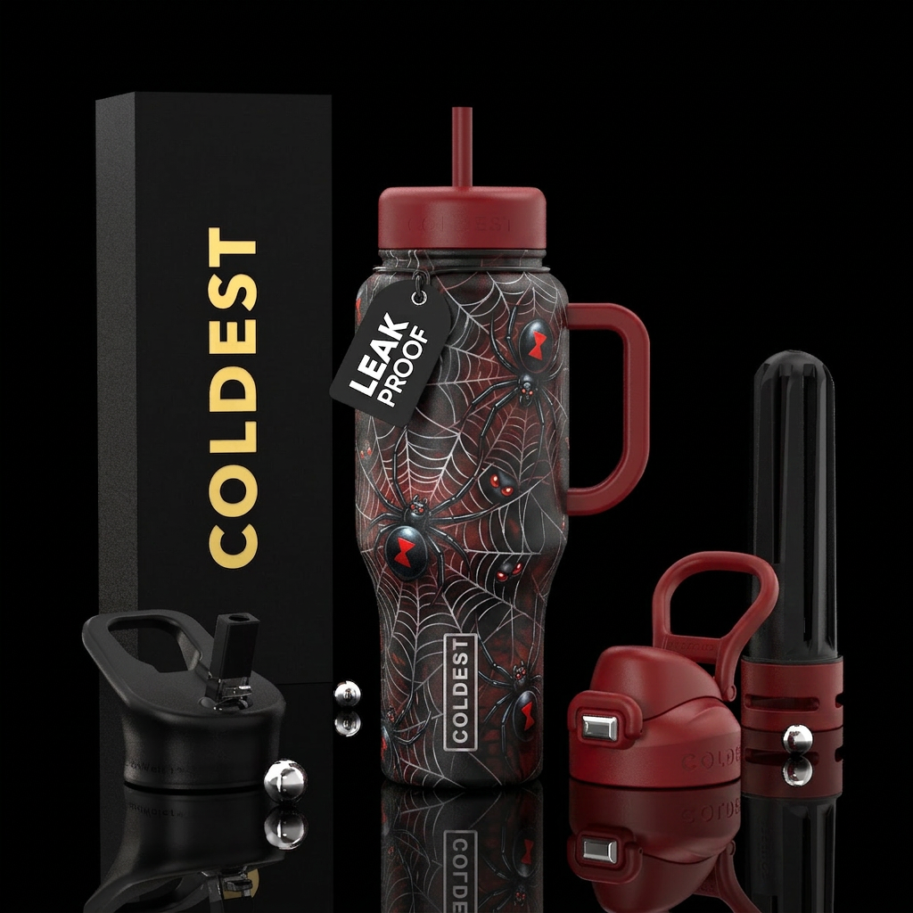 Single Black widow spider webs spooky danger brigh... water bottle design