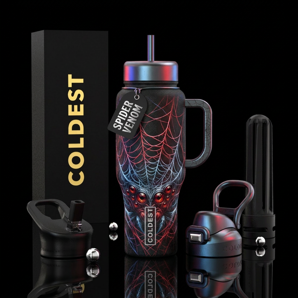 Single Black widow spider webs spooky danger brigh... water bottle design