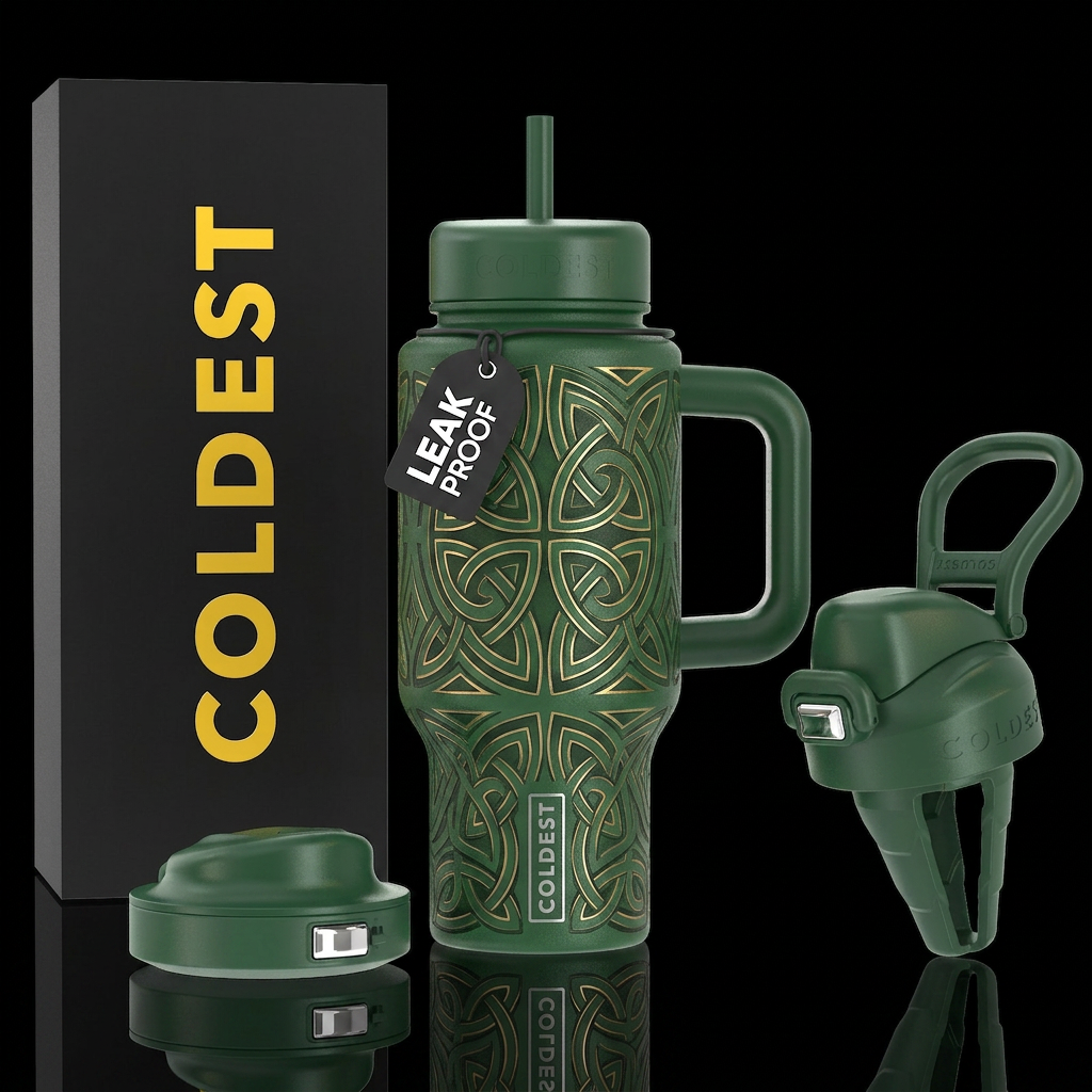Deep green etched celtic knot work with gold inlay water bottle design