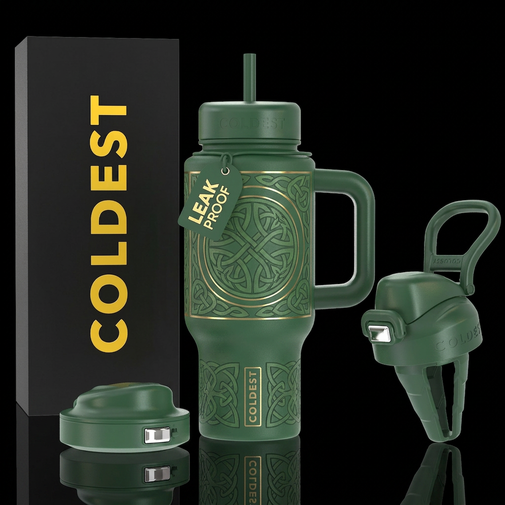Deep green etched celtic knot work with gold inlay water bottle design