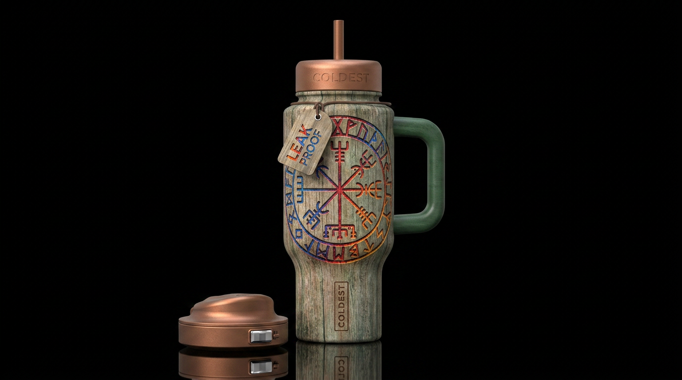 Norse viking runes carved into faded wood backgrou... water bottle design