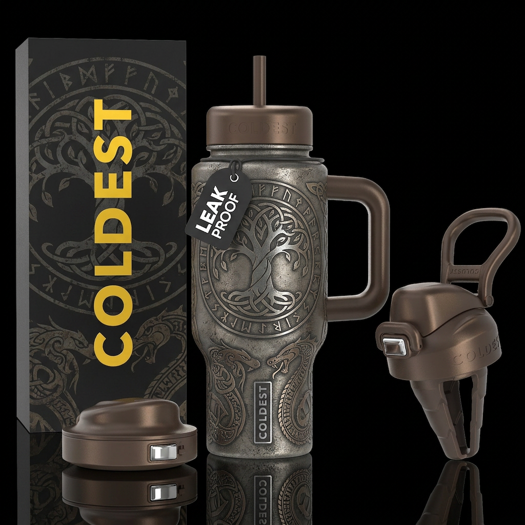 Norse viking tattoos distressed background water bottle design