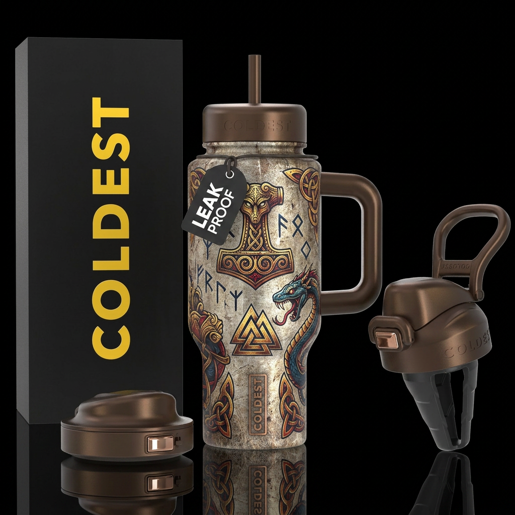 Norse viking tattoos distressed background water bottle design