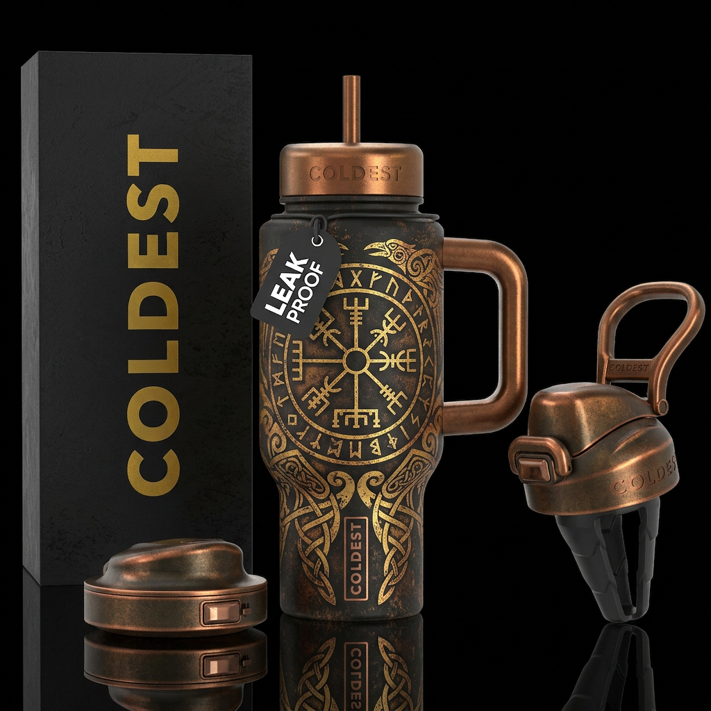 Norse viking tattoos distressed background water bottle design