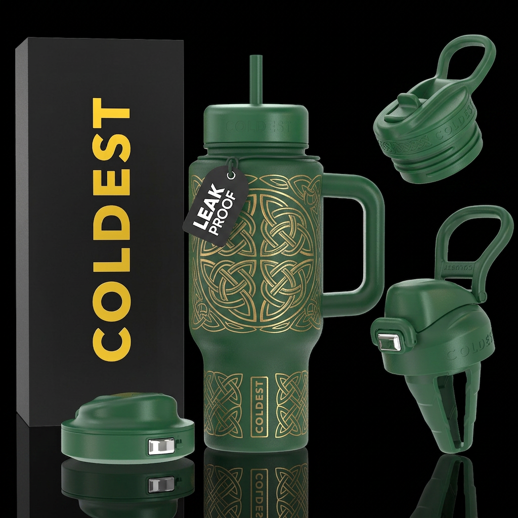 Deep green etched celtic knot work with gold inlay water bottle design