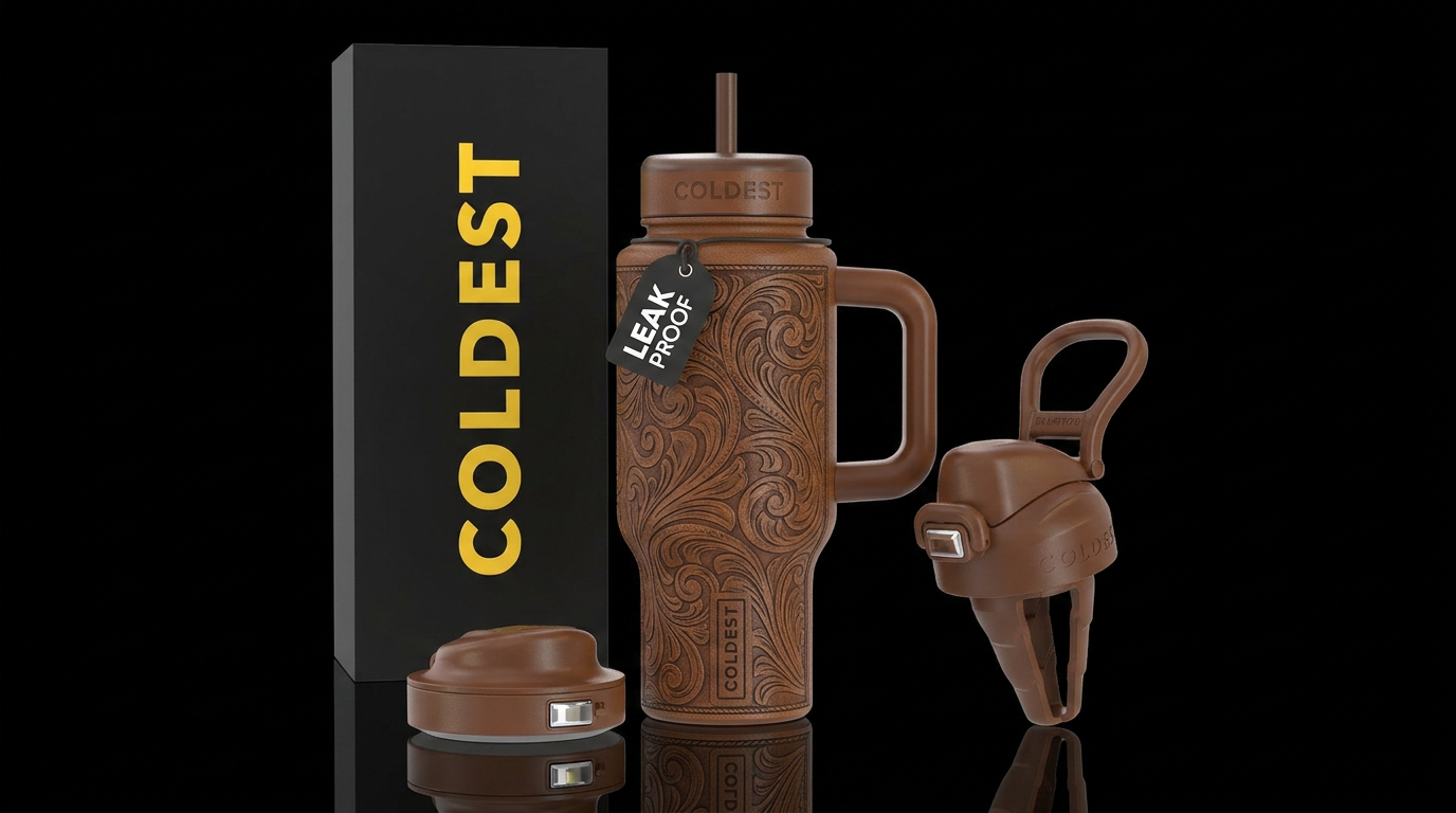 Medium brown leather etched with western filigree ... water bottle design