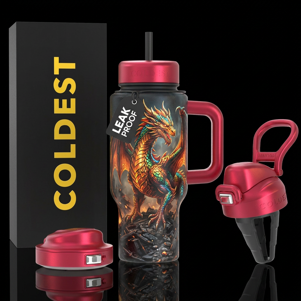 Realistic colorful dragon standing in victory amid... water bottle design