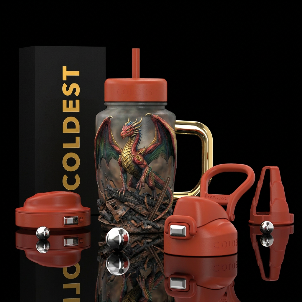 Realistic colorful dragon standing in victory amid... water bottle design
