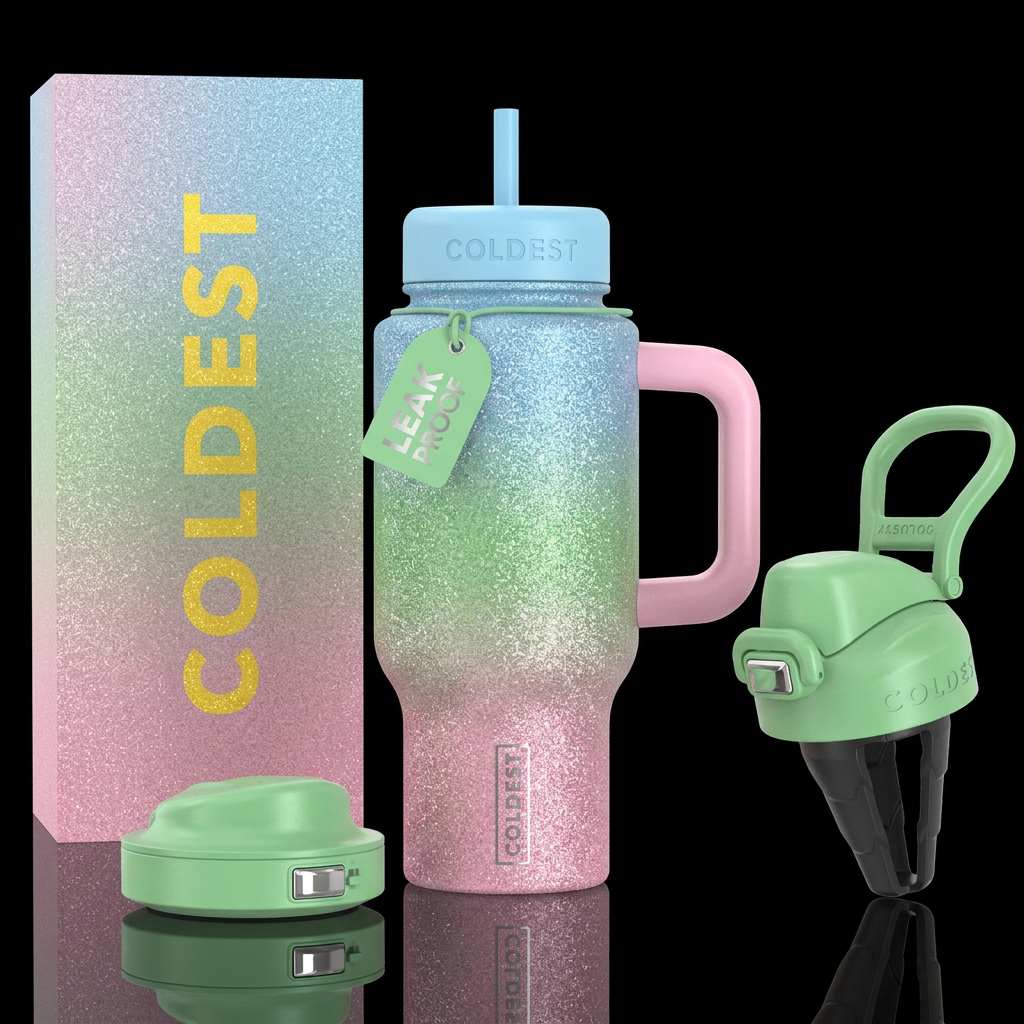 Glitter dip dye soft pink spring green and baby bl... water bottle design