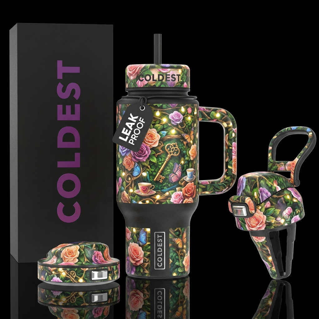 Secret garden tea party water bottle design