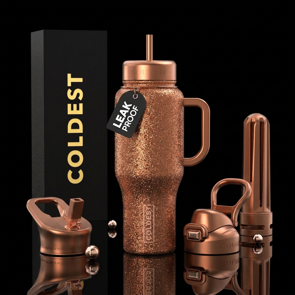 Copper penny metallic glitter water bottle design