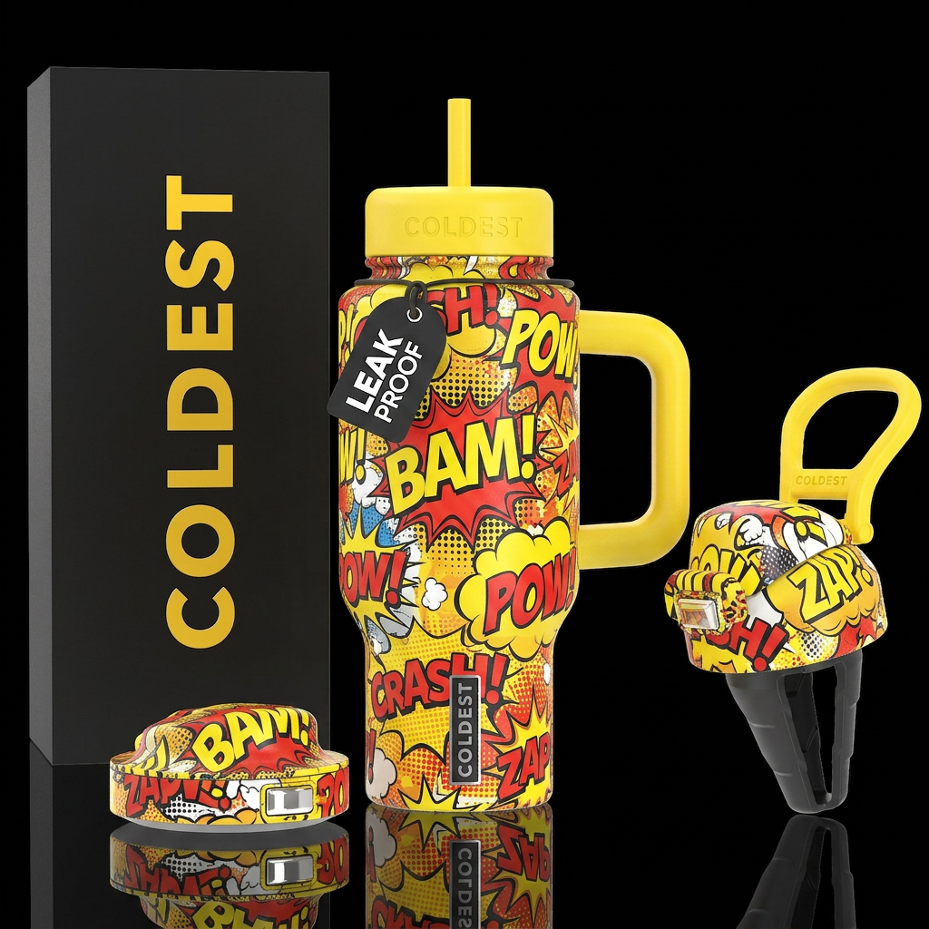 Comic book style sounds bam pow water bottle design