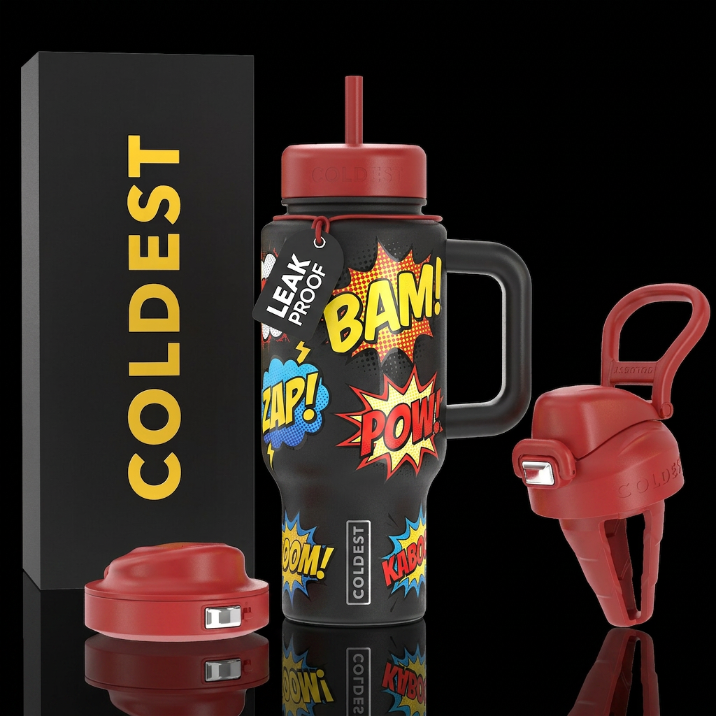 Comic book style sounds bam pow water bottle design