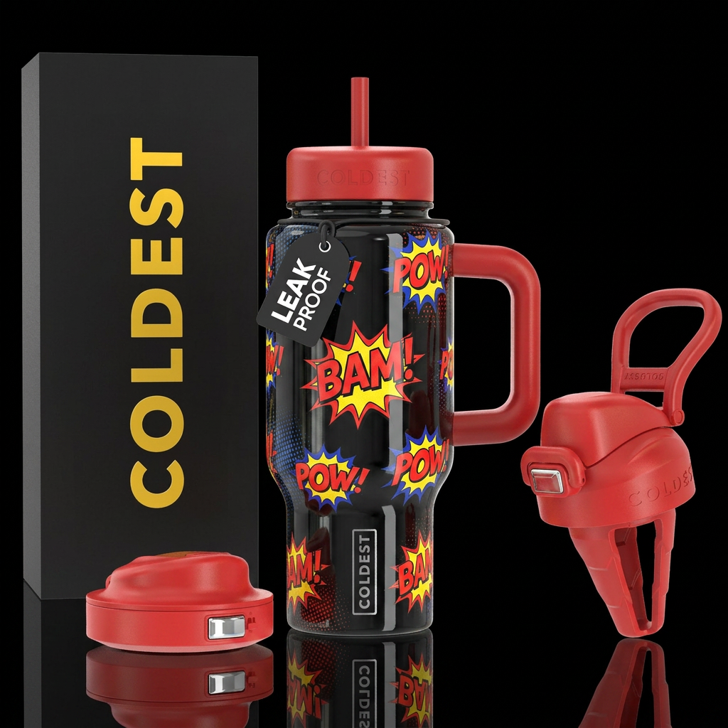 Comic book style sounds bam pow water bottle design