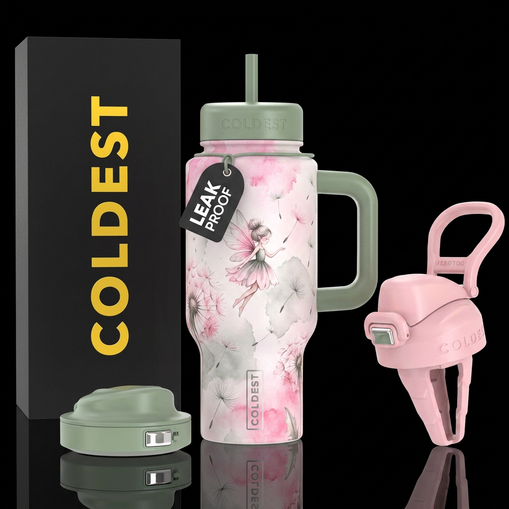Dandelion fairy soft pinks and grays and sage gree... water bottle design