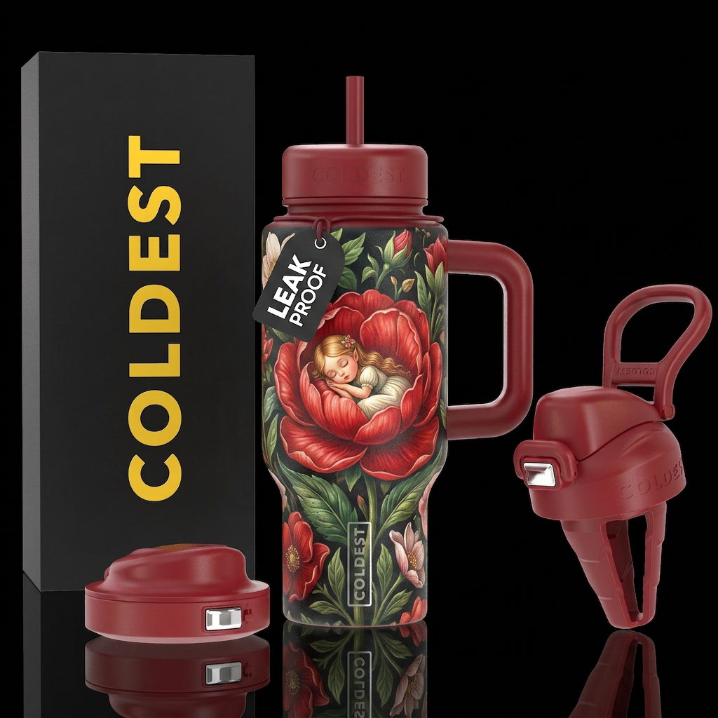 Thumbelina sleeping inside red flower blossom water bottle design