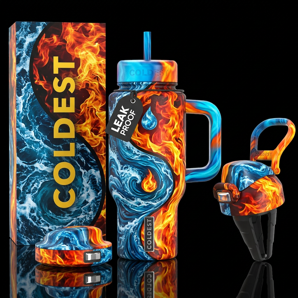 Yin yang design. Half is rolling flames, half is s... water bottle design