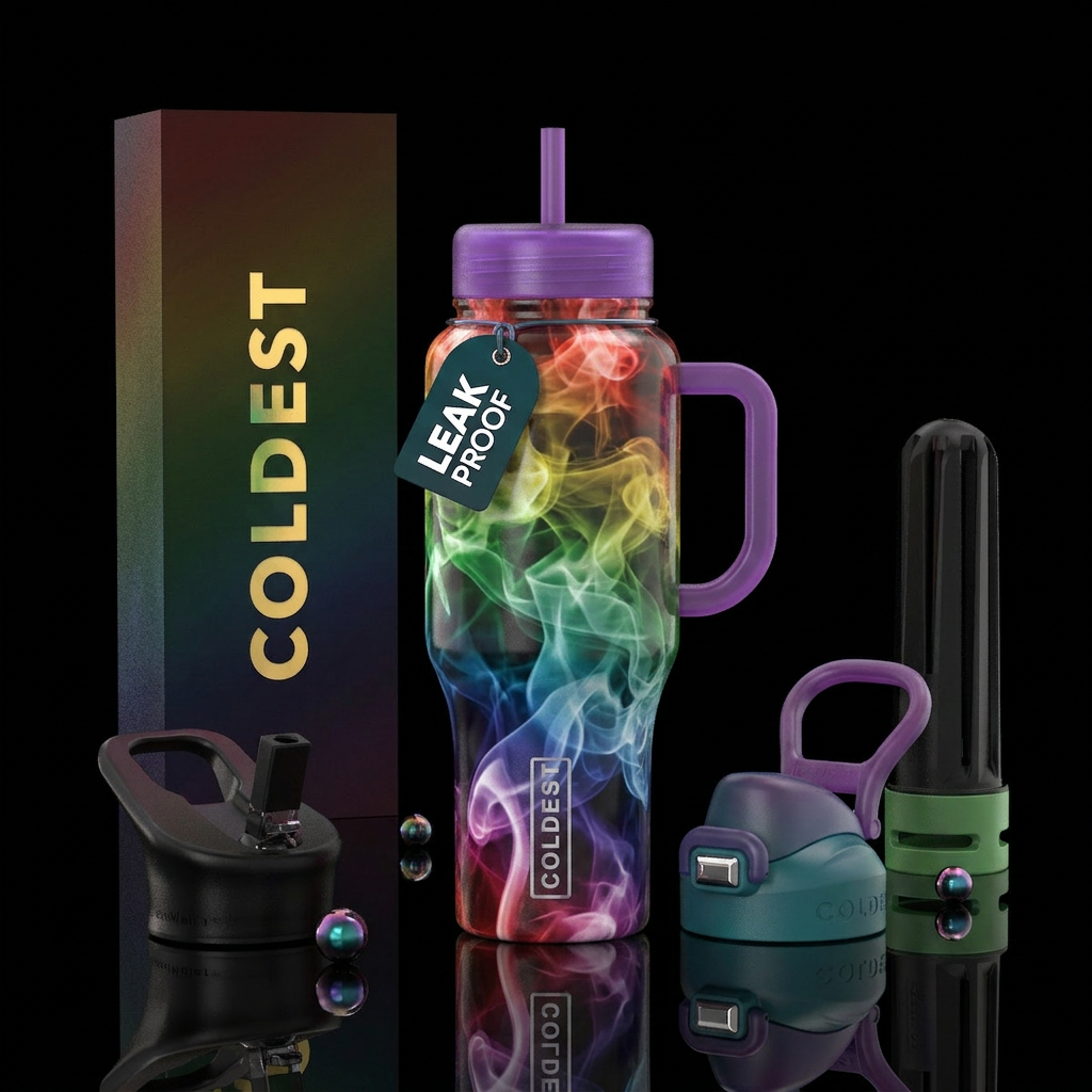 Realistic rainbow smoke whirl water bottle design