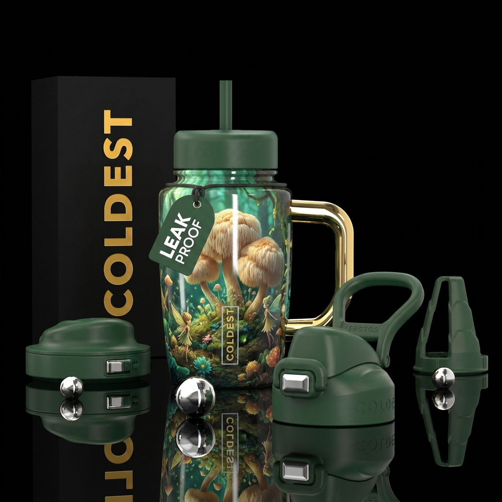 Lions mane mushroom pixie forest water bottle design
