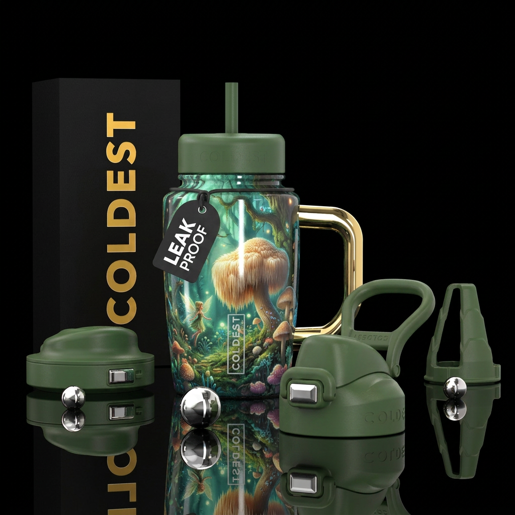 Lions mane mushroom pixie forest water bottle design