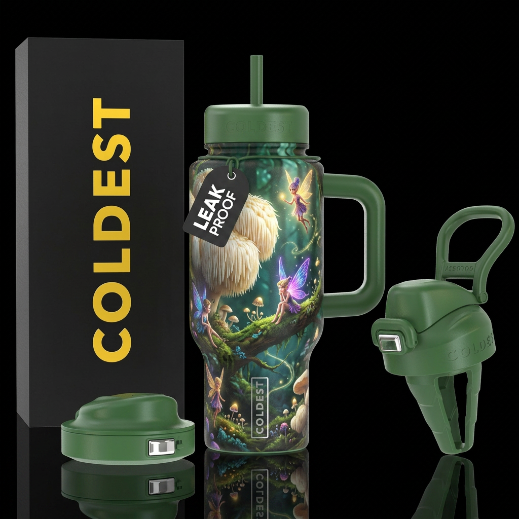 Lions mane mushroom pixie forest water bottle design