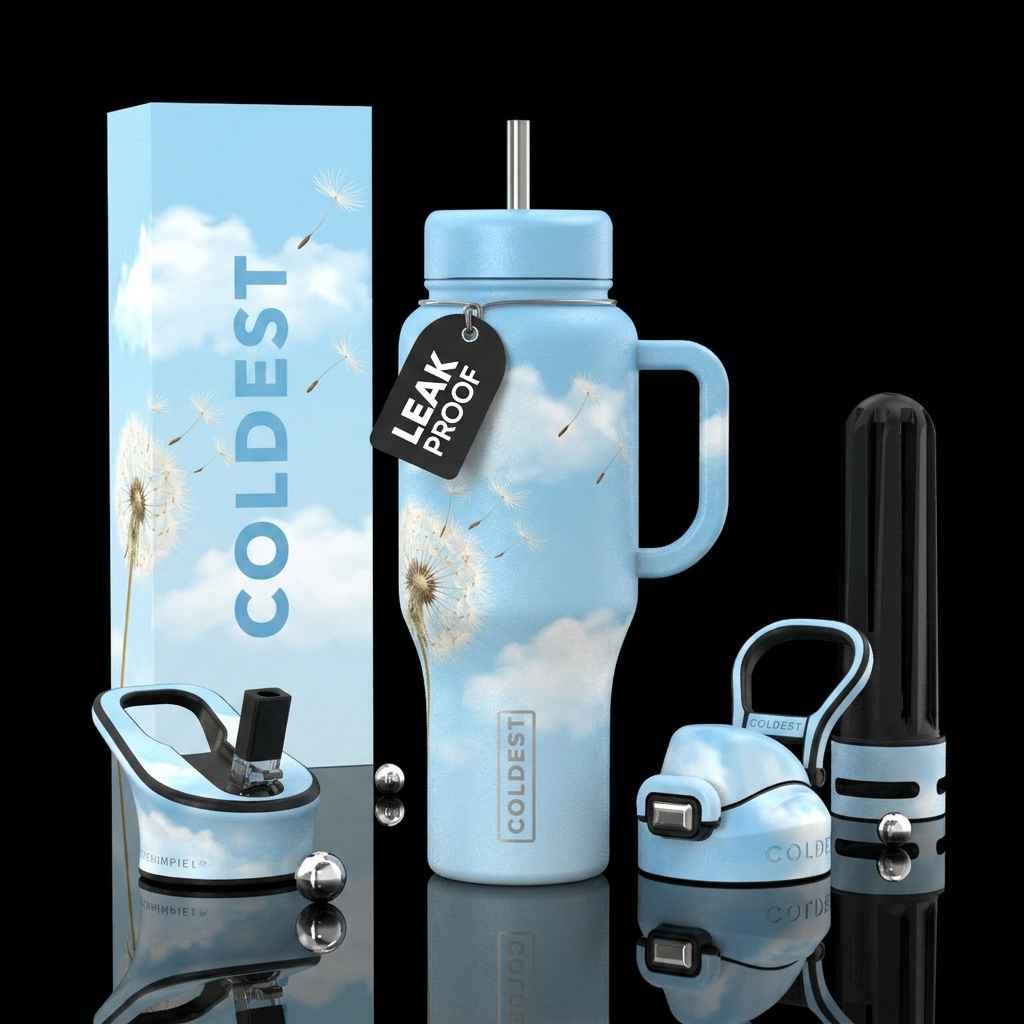 Blowing dandelion pale against the baby blue sky w... water bottle design