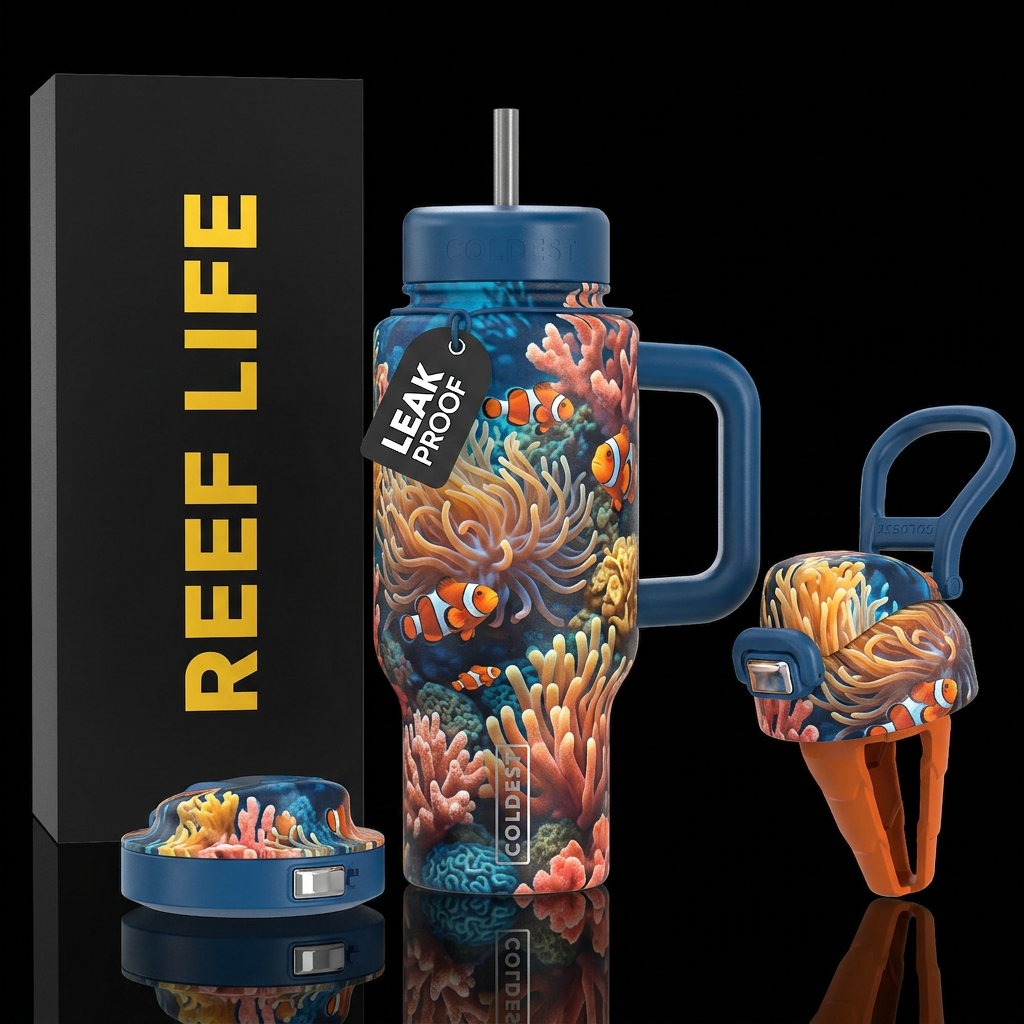 Clown fish coral reef no turquoise color water bottle design